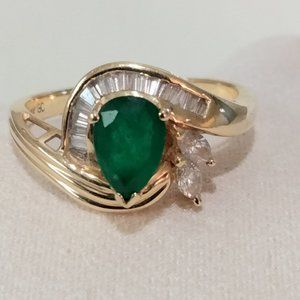 14K yellow gold genuine emerald and diamonds "swirl" ring